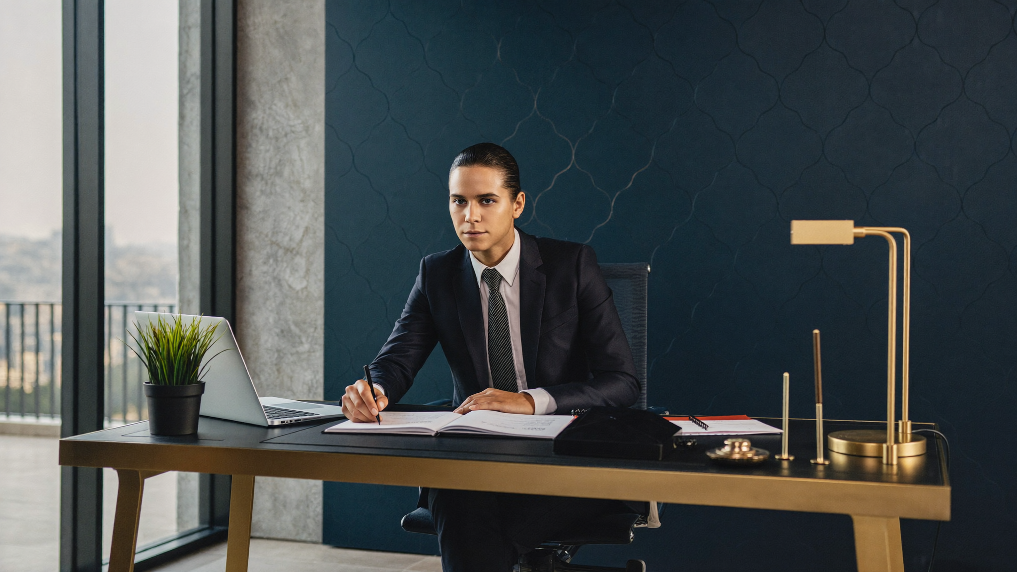 Bureau de conseil en gestion à Casablanca, ambiance corporate marocaine bleu marine et or